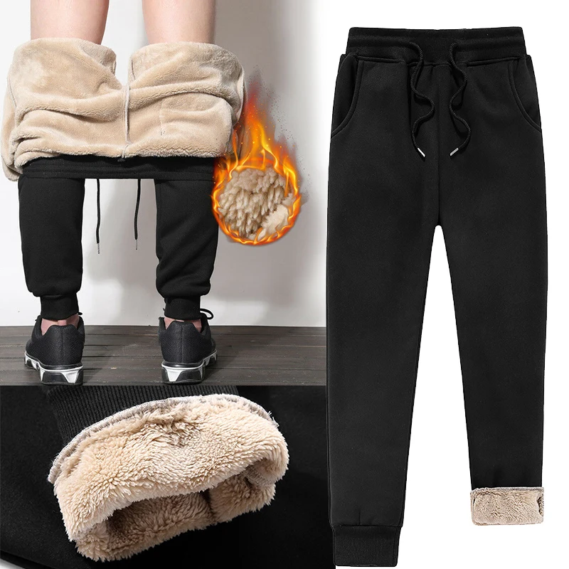 Мужские спортивные штаны с флисовой подкладкой, плотные брюки, повседневные свободные теплые бегуны для зимы, KNG88 - Цвет: Черный