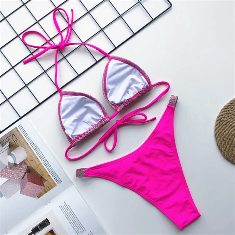 JCSWIM, сексуальные стринги, бикини, купальник,, бандаж, блестящий, купальник для женщин, две части, низкая талия, Холтер, купальник, бразильское бикини