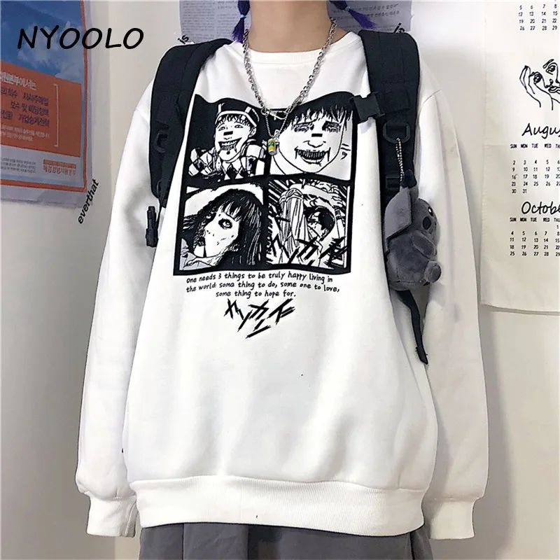 NYOOLO Harajuku уличная толстовка с капюшоном и буквенным принтом в виде комиксов ужасов, осенне-зимние пуловеры с круглым вырезом, толстая теплая толстовка для женщин и мужчин, топы