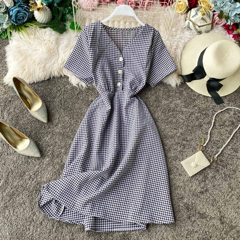 Teeuiear Slim Vintage V Neck Plaid Print Button Dress Slim ladies Summer Midi dress vestido de festa Party Women a-line Dresses