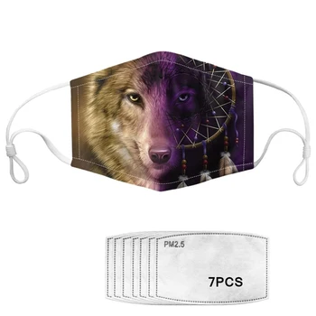

Indian Style Dreamcatcher Print Adults Mask Wolf Pattern Men Face Mask with 7pcs Filters Dustproof Washable Masks