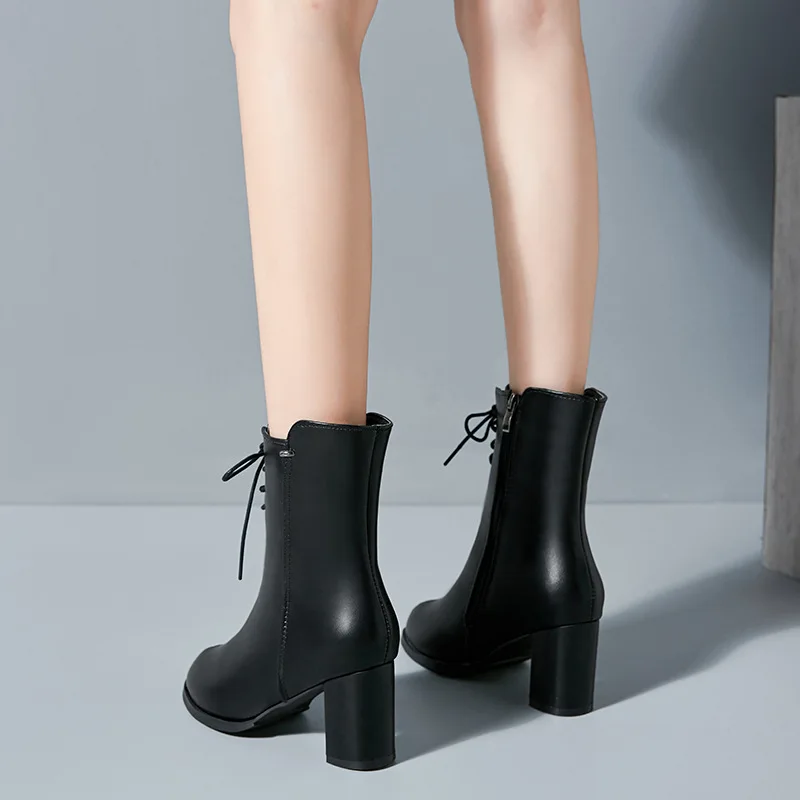 

Ankle Boots Lace Up High Heels Women Boots Pointed Toe Zip Female Booties Leather Shoes Woman 2019 Autumn Black Winter Shoes