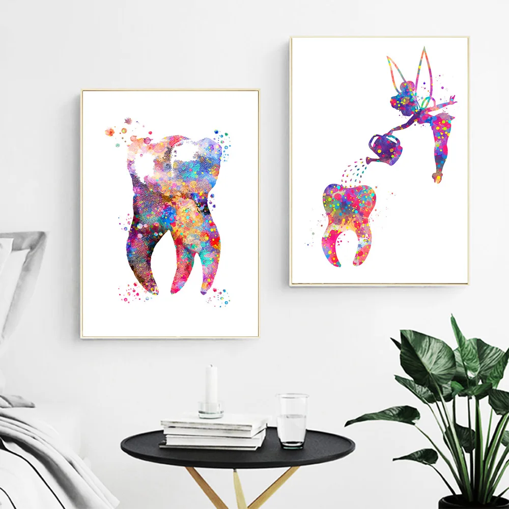 Dental-Poster-Tooth-Fairy-Watering-Wall-Art-Canvas-Prints-Watercolor-Painting-Clinic-Dentist-Decoration-Wall-Pictures