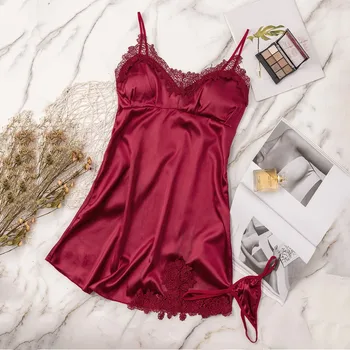 

Ladies pajama New Women Rayon silk Satin Lace Short dress With Thong Lingerie Chest Pad Sexy NightDress Sleep set пижама жен c3*