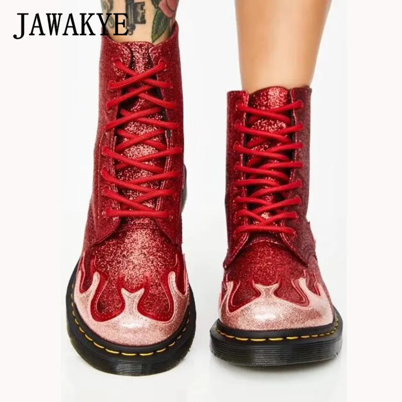 

JAWAKYE Black Red Bling bling Sequins Lace up ankle Boots Women Round toe Flame Pattern Martin Boots Winter Party Shoes Women