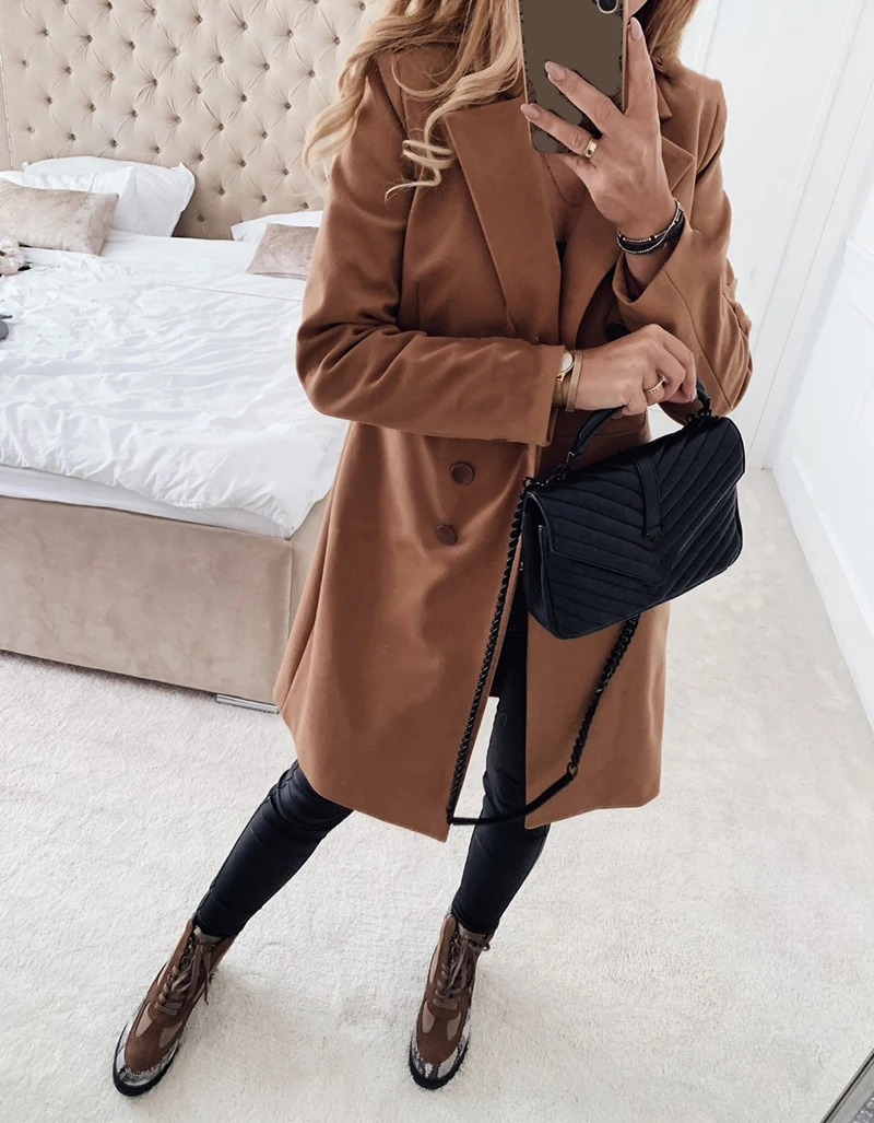 Тонкое зимнее шерстяное пальто больших размеров 3XL, женское длинное пальто, Осенняя шерстяная куртка, Офисная Женская верхняя одежда с отложным воротником G1048