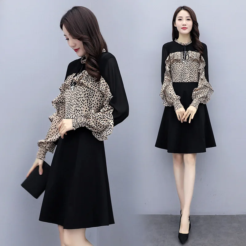 

Contrast Color Leopord Pattern Dress Women's Mid-length 2020 Spring Clothing New Style Normcore Style Slim Fit Floral-Print Long