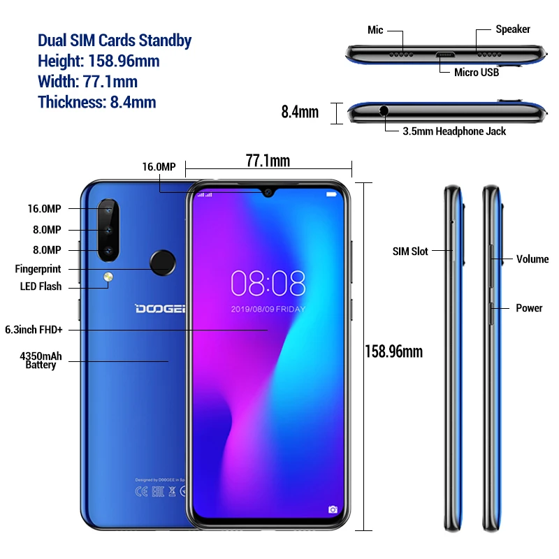DOOGEE N20 Mobilephone Fingerprint 6.3inch FHD+ Display 16MP Triple Back Camera 64GB 4GB MT6763 Octa Core 4350mAh Cellphone LTE