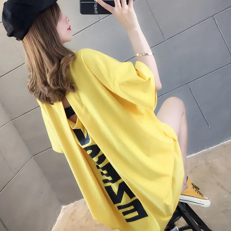 

#0267 Summer Short Sleeve Cotton Tshirts Dresses For Women Large Size Letter Printed Midi Tshirt Dress Woman Thin Backless Dress