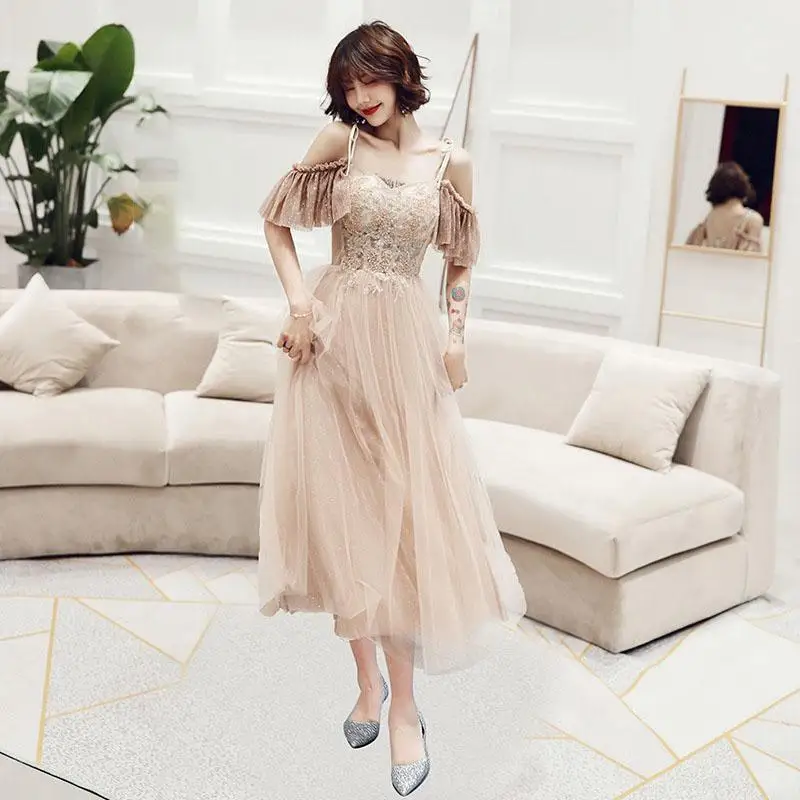 Elegant Off Shoulder Lady Evening Party Dress Retro Slim Long Qipao Cheongsam Exquisite Summer New Mesh A-line Robe De Soiree - Цвет: Champagne B