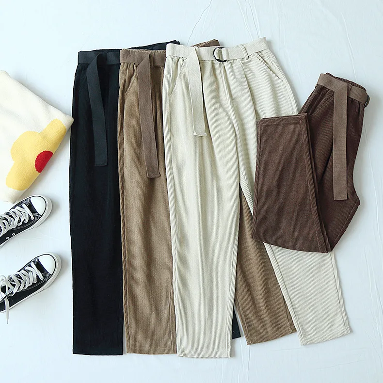Mooirue вельветовые длинные штаны с поясом зимние винтажные уличные брюки в Корейском стиле с высокой талией с карманами эластичные шаровары