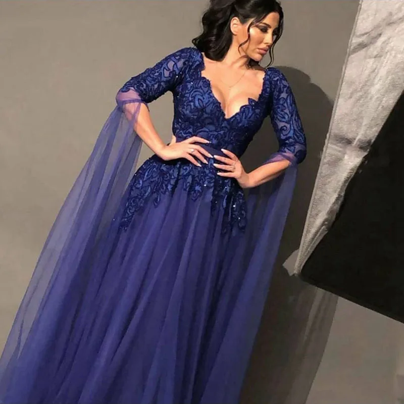 

Sevintage Beach Boho Long Lace Prom Dresses Deep V Neck Half Sleeves Tulle Evening Gowns Formal Woman Party Dress robe de soiree