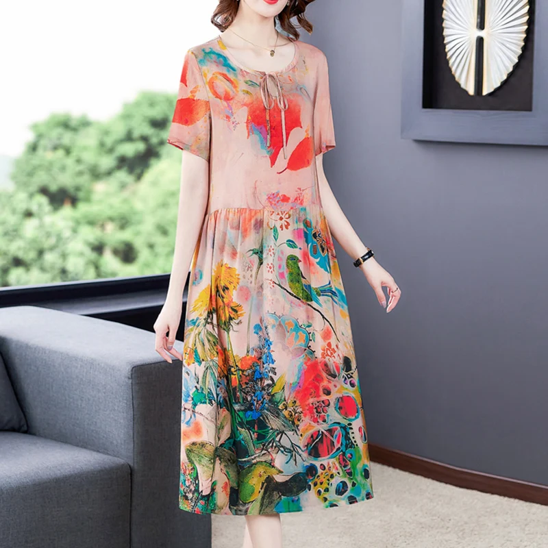 

Plus Size Printed Silk Dresses Female Short-Sleeved Hedging Vintage 2021Summer Women's Dress Loose Fashion Mid-Length Lady Dress