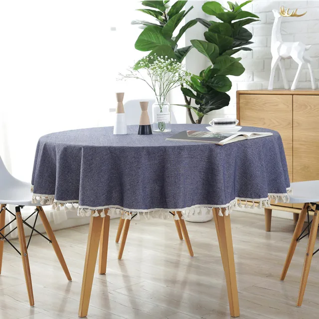 Proud Rose Japanese Style Tablecloth Simple Cotton Linen Tablecloth Round Plain Solid Color Light Gray Navy Blue Tassel Meal Cov Style 2