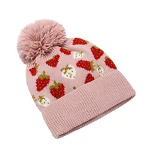 Зимние шапки для женщин с принтом клубники вязаные шапочки шапка для девочек осенние женские розовые кепки плюшевые теплые шапочки Повседневная Кепка