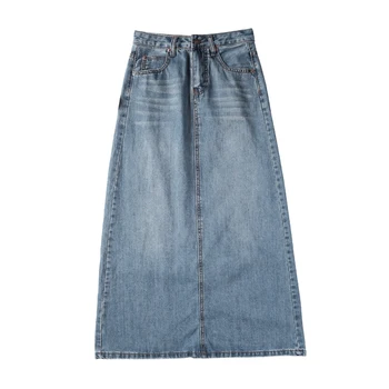 

Light Blue Summer Slim Denim Midi Skirt For Women High Waist A Line Denim Skirt Woman Knee Length Saia Jeans Skirt