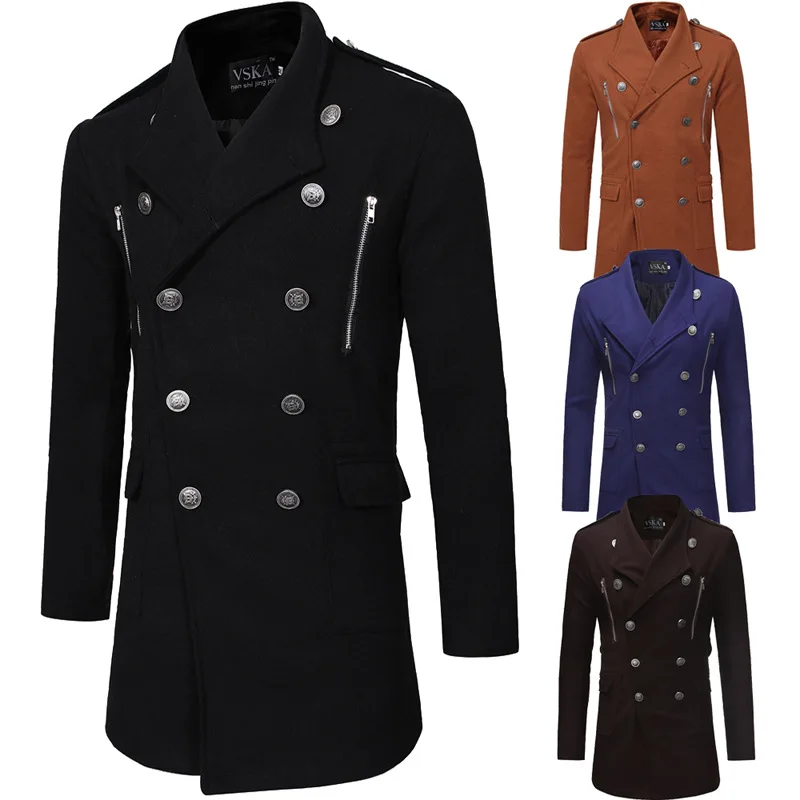 

2018 Autumn And Winter New Style Double Breasted Large Lapel Men Casual Slim Fit Mid-length Woolen Trench Coat 5271