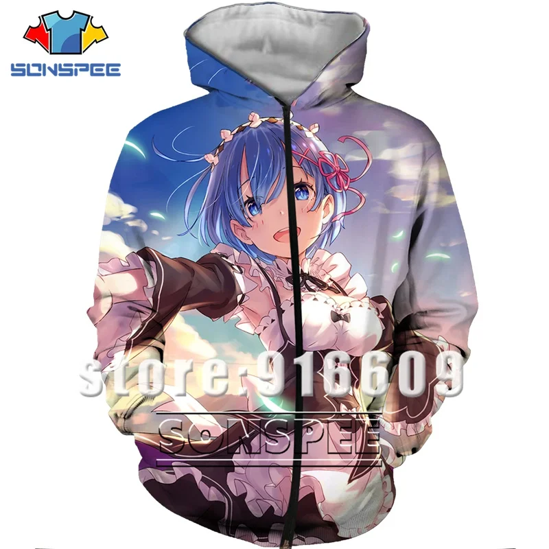 Re Zero Rem 3D Print Hooded Sweatshirt Women Men Ram Anime Hoodies Casual Design Jacket Harajuku style Pullover Zipper Hoodie (2)