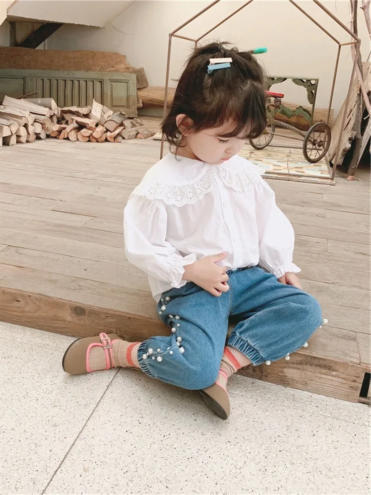 Рубашка с длинными рукавами в Корейском стиле для девочек г. Осенняя одежда для малышей новая стильная детская белая рубашка с воротником в стиле Питера Пэна