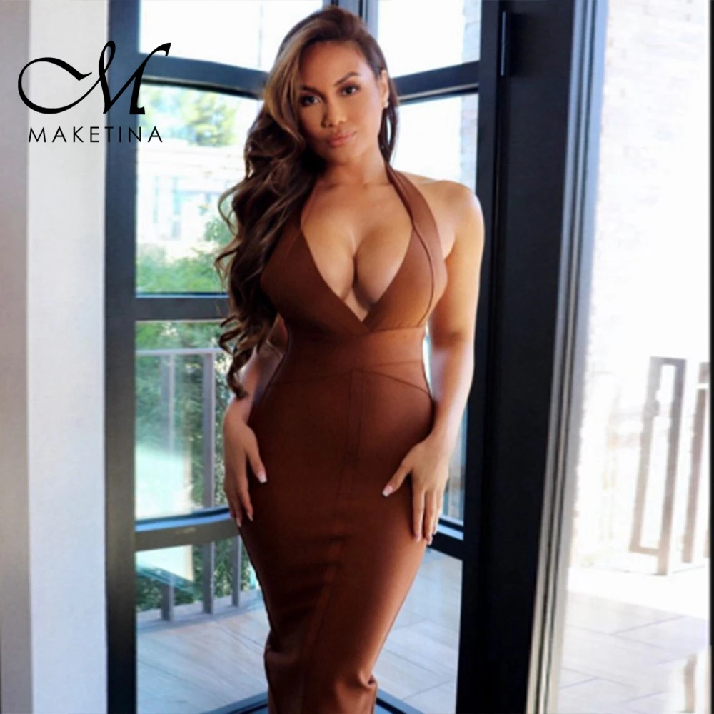 

Maketina Summer Bodycon Bandage Dress 2019 New Sexy Brown Halter Bandage Dress Backless Knee Length Bandage Dress Women Dress