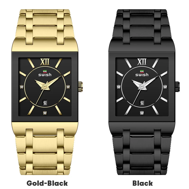 Creative Square Watches Men Black Steel Analog Quartz Wristwatch 
