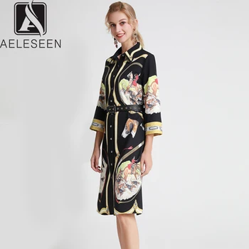

AELESEEN 2019 Autumn New Runway Print Straight Dresses Wrist-Length Sleeve Casual Single-Breasted Shirt Midi Dress With Belt
