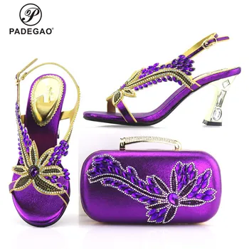 

2020 Purple Italian Design Shoes and Bags To Match Set African Women Wedding Shoes and Bags Sets with Shinning Crystal
