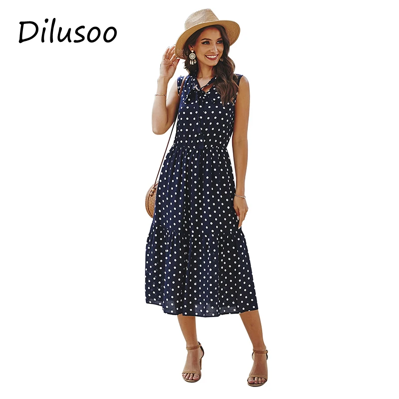 

Dilusoo Women Dots Print Dress Pleated Sleeveless Female 2020 Summer Boho Dresses Elegant Ankle Length Vestidos Holiday Dress