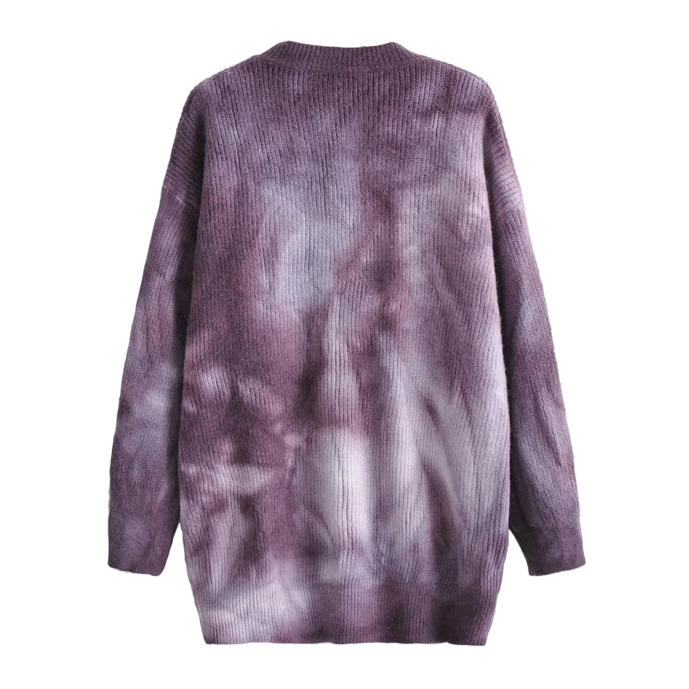 cropped cardigan KPYTOMOA Women Fashion Tie-dye Print Loose Knit Sweater Vintage O Neck Long Sleeve Female Pullovers Chic Tops brown sweater