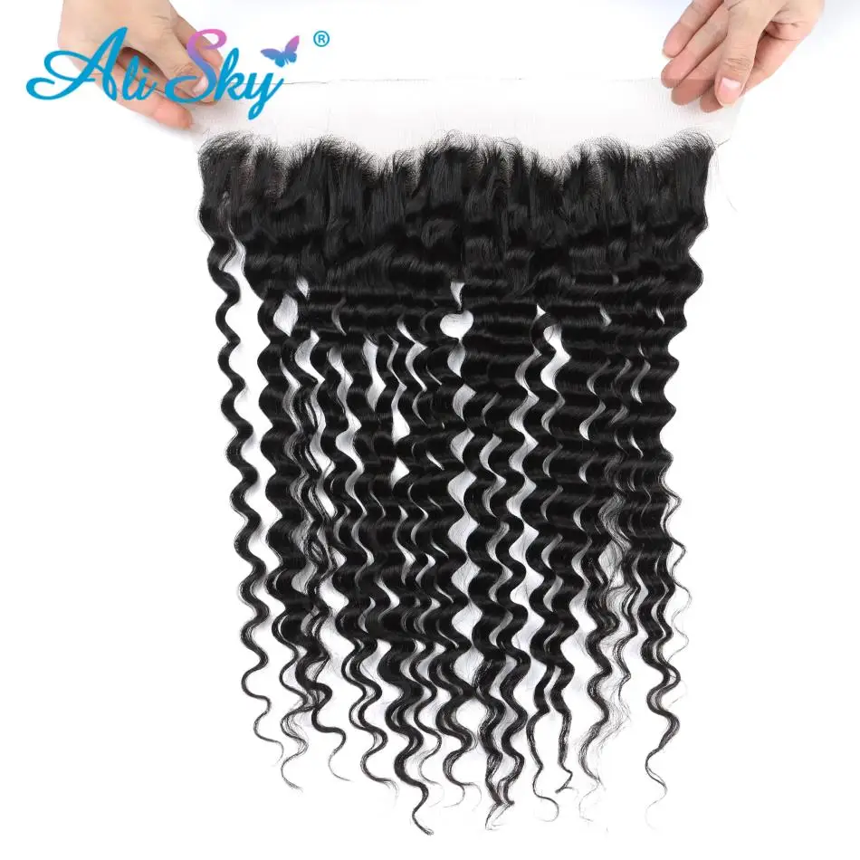 

AliSky Malaysian Deep Wave Frontal 100% Human Hair Remy Hair Weaving Extension 13*4 Lace Frontal Swiss Lace Natural Color