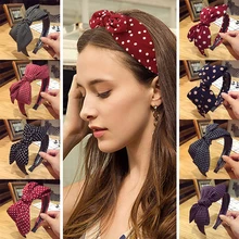 

Korean Striped Plaid Polka Dot Print Women Headband Big Bowknot Bow Headband Toothed Non Slip Wide Head Hoop Hair Accessories
