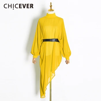 

CHICEVER Casual Chiffon Women's Blouses Turtleneck Lantern Long Sleeve High Waist With Sashes Irregular Shirt Female Fashion New