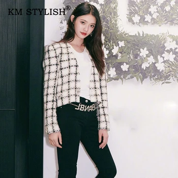 

KM STYLISH 2019 Autumn New Women Long-sleeve Elegant Coat V-neck Black White Plaid Fashion Jacket Female Slim Button Outwear Top