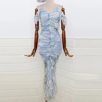 

HIGH STREET New Fashion 2020 Summer Designer Runway Dress Women's sling Lace Sleeve Gauze Embroidery Drape Mermaid Dress