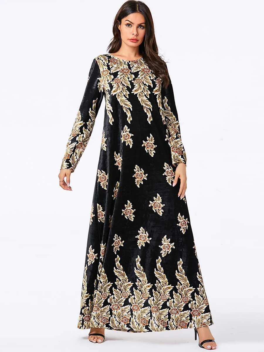 Мусульманское женское бархатное платье с цветочным принтом абайя, кафтан Jilbab Свободный теплый исламский халат одежда арабское осенне-зимнее платье Мода