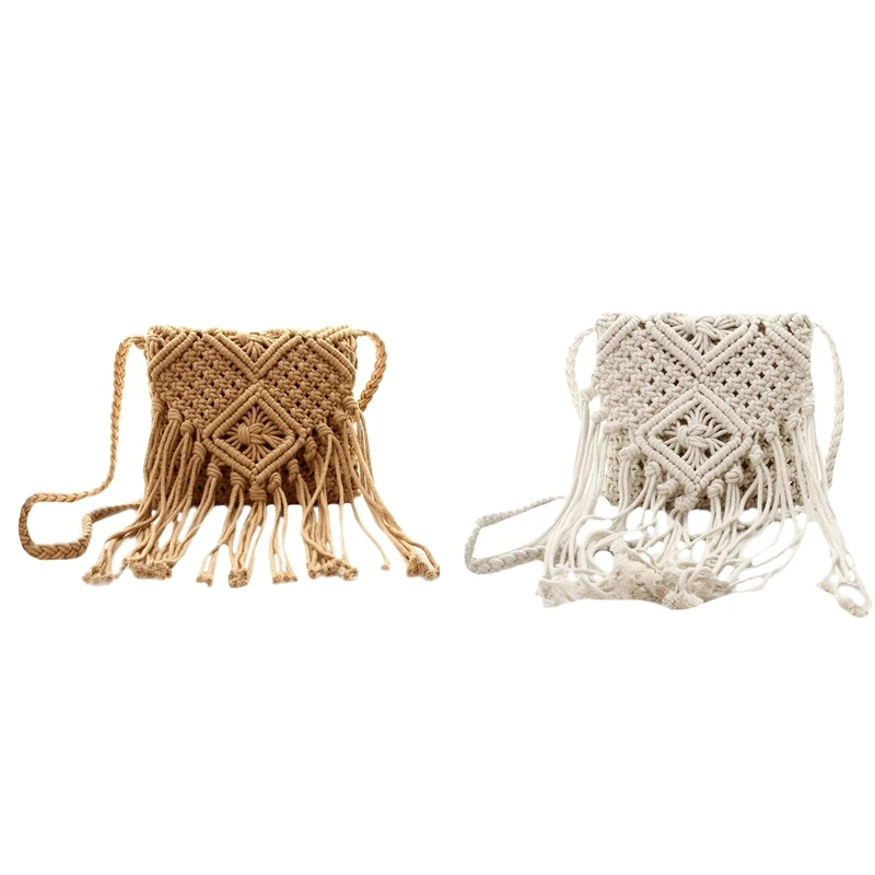 

ABZC-2 Pcs Fringe Tassel Crossbody Shoulder Bag Woven Handmade Boho Beach Travel Handbag for Women, Brown & White