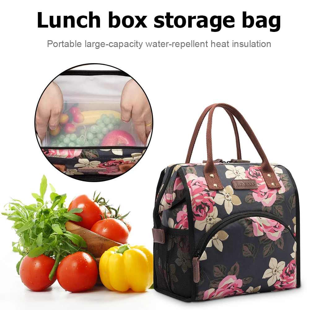 Estuche de almacenamiento escolar con enfriador impermeable, bolsa de almuerzo portátil con aislamiento térmico, bolsa de Nylon con estampado de flores