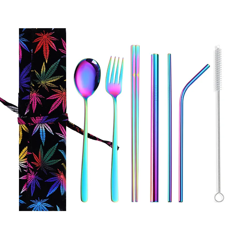2019new Stainless Steel Cutlery Portable Cutlery Set Chopsticks Spoon Fork Reusable Straw and Portable Dinnerware Bag for Travel - Цвет: fy 9cutlery set