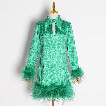 

HIGH QUALITY Newest Fashion 2020 Designer Runway Dress Women's Long Sleeve Feather Embellished Dress