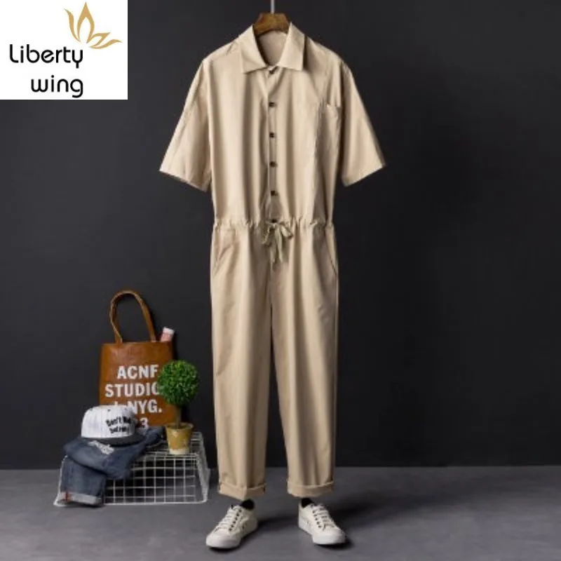 

Harajuku Summer Hip Hop Short Sleeve Single Breasted Mens Jumpsuits Drawstring Waist Pockets Casual Loose Male Cargo Overalls