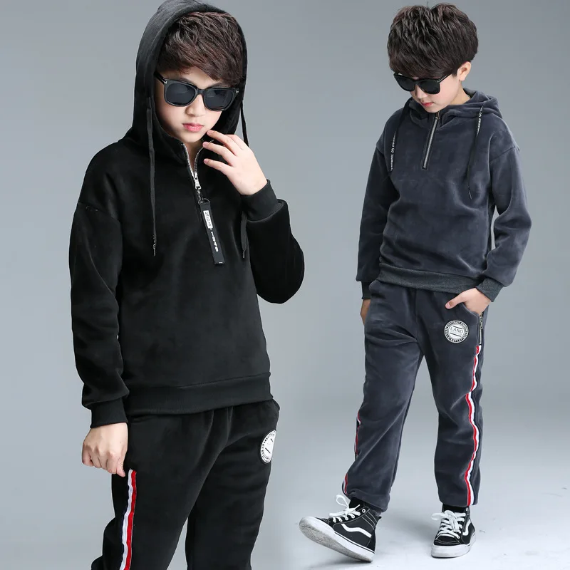 

2018 New Style Versatile CHILDREN'S Suit BOY'S Winter Big Boy Children Gold Velvet Labeling Thick Two-Piece Set