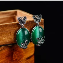 Серьги с Зелёным Камнем Большой Натуральный Опал Серьги Бабочки Винтажные Ретро Тёмный Чёрный Хрусталь Циркон Висячие Серёжки