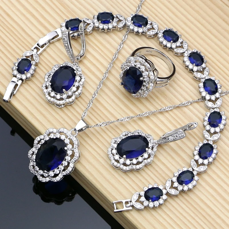 

Bohemia Silver 925 Bridal Jewelry Sets Blue Stone Costume Jewelry Kits Jewelry For Women Bracelet Set Earrings and Ring Fashion