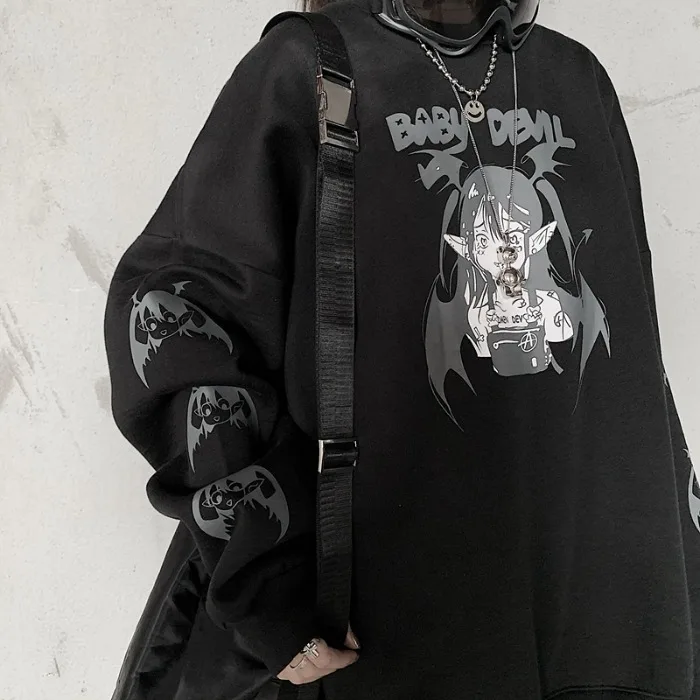 Gothic Graphic Character Girl Print Sweatshirt Pullover Hoodies Women Graffiti Oversized Harajuku Streetwear Korean Punk Japan