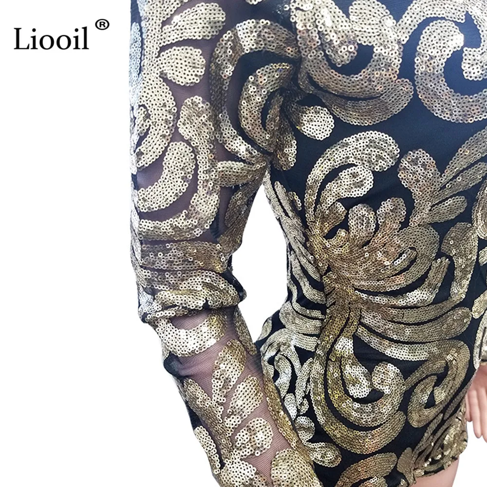 Liooil женский сексуальный Облегающий комбинезон с золотыми блестками, Облегающий комбинезон для женщин с длинным рукавом и v-образным вырезом, вечерние Клубные комбинезоны, комбинезон, шорты