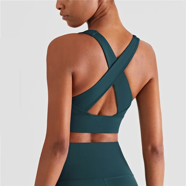 Lulu Women Fitness Bra Tight Yoga Vest Sports Tank Top Clothing Solid Color Thickened Crosss Beauty Back With Removable Chest Pa Dark green