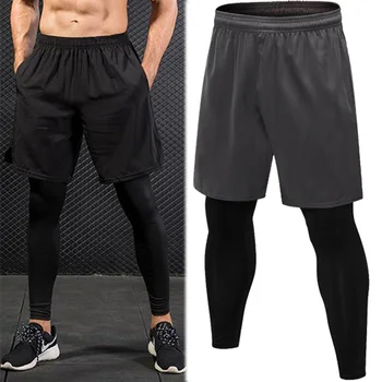 Pantalon de Sport pour hommes, faux deux pièces, pour course, Fitness, survêtement, élastique, séchage rapide, nouvelle collection 1