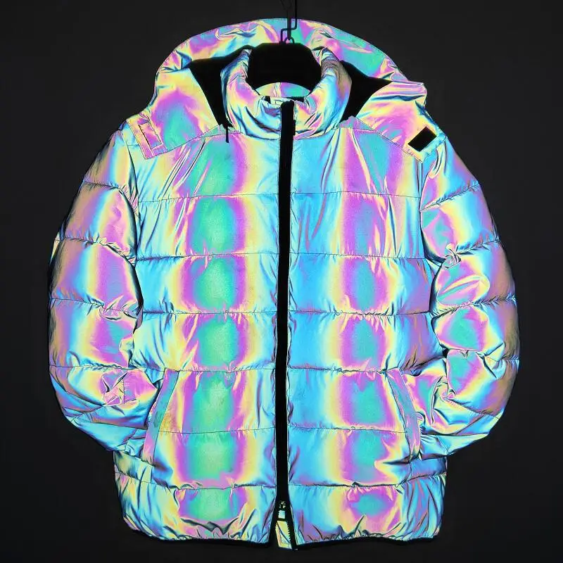 Colorful Reflective Down Coats Mens Fashion Winter Thick Pullover Night Reflection Coat Male Warm Zipper Outwear Hooded Clothing