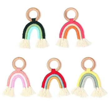 

Baby Teething Wooden Ring Rainbow Tassel Macrame Cotton Boho Newborn Nursing Teether Toy Shower Gifts