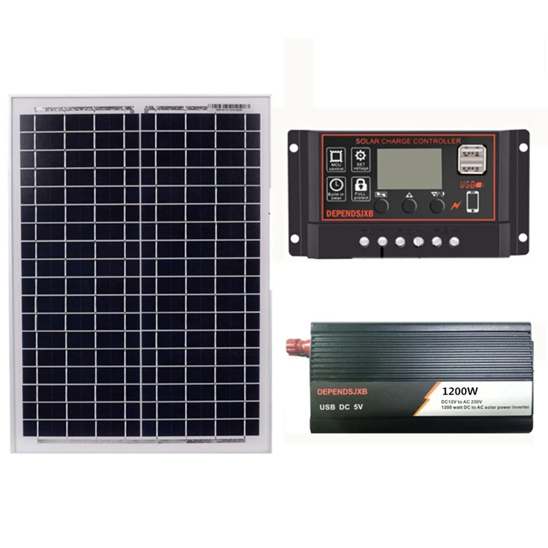 

18V20W Solar Panel +12V 30/40/50/60A Controller + 1200W Inverter Dc12V-Ac230V Solar Power Generation Kit, For Outdoor And Home(5